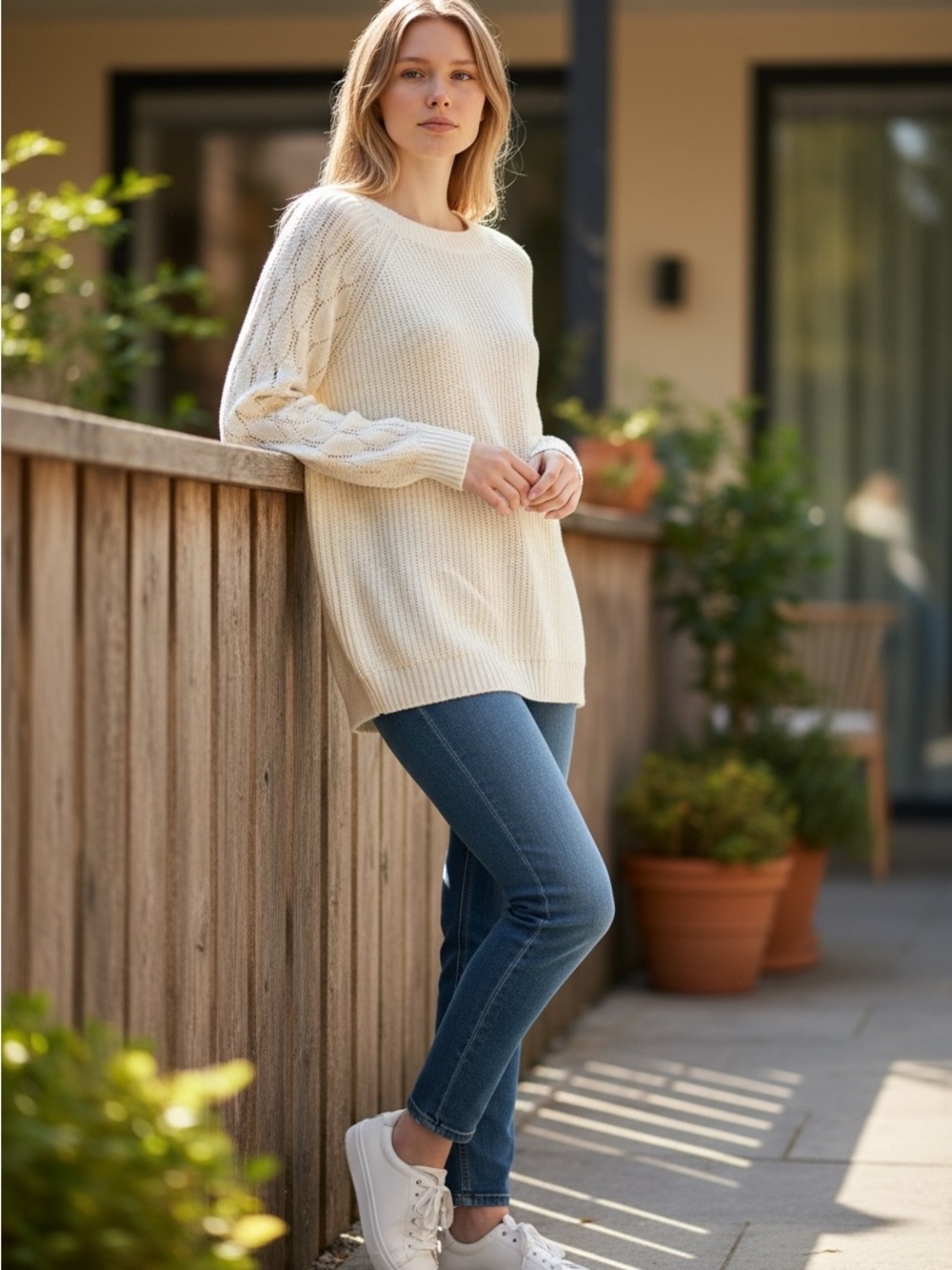 Davi & Dani NWT 1XL super light weight Cozy Cream lace Sleeve Knit Sweater